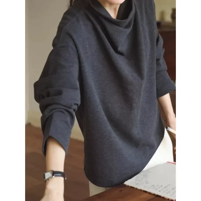 Fashionable Pile Collar Brushed Bottoming Shirt for Women Autumn and Winter New Style High-end Long-sleeved Inner Top