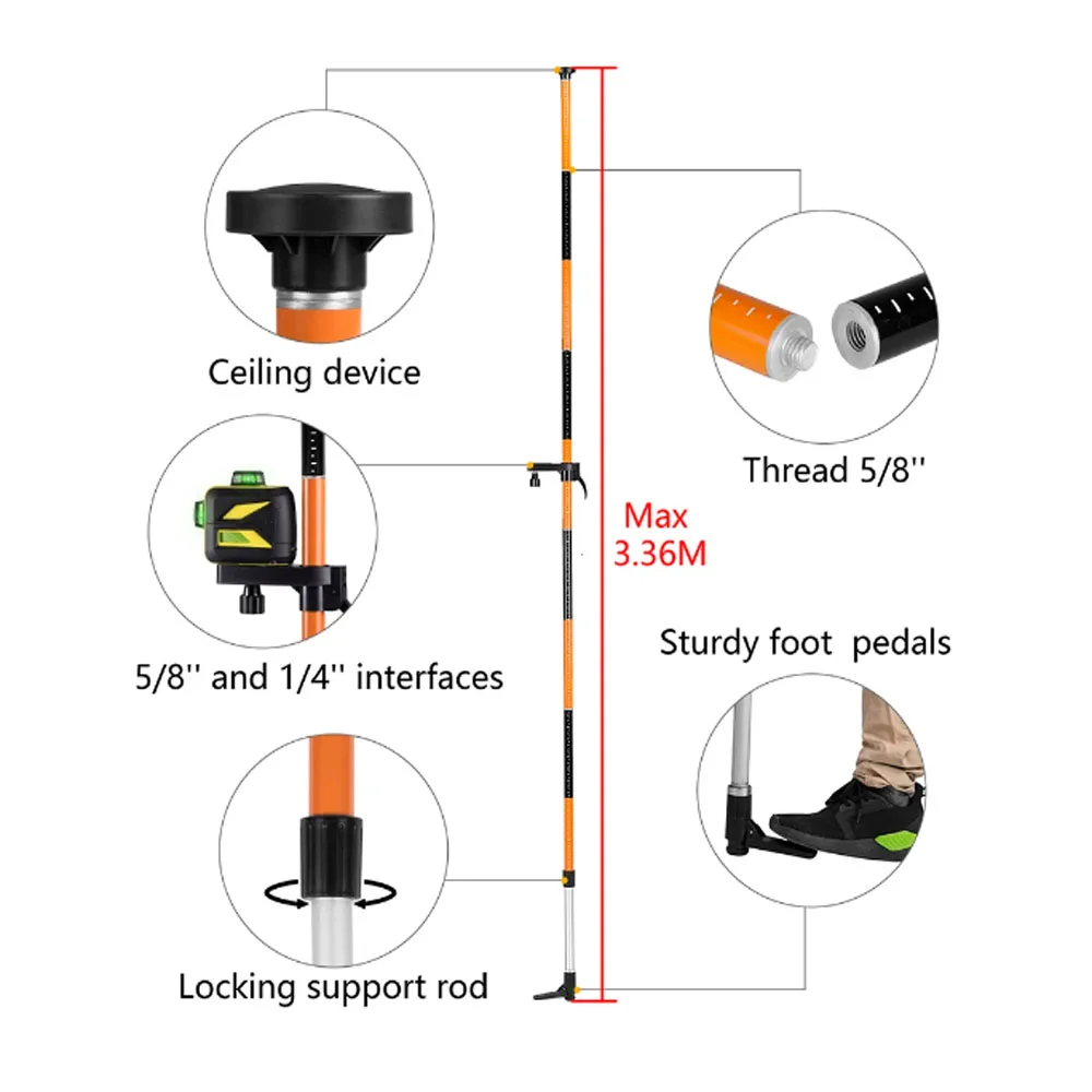 Multifunction 3.36M Laser Level Extend Bracket Telescopic Rod 5/8 and 1/4 Interface Elongation Support Stand Woodworking tools