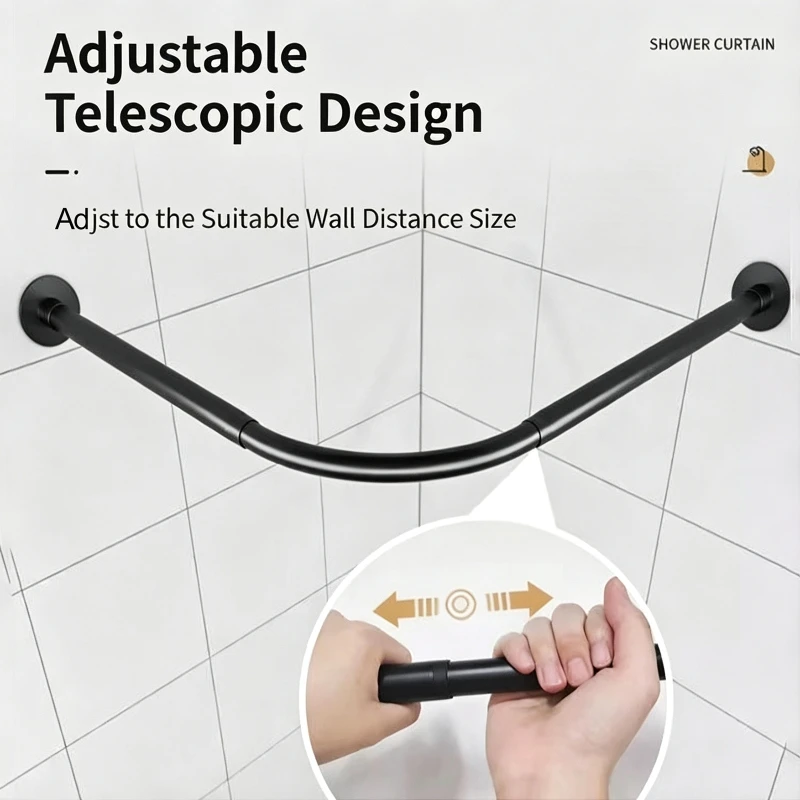 Drill-Free Stainless Steel Extendable Curved Shower Curtain Rod L-Shaped Corner Dressing Room Rod, Roman Curtain Rod Black