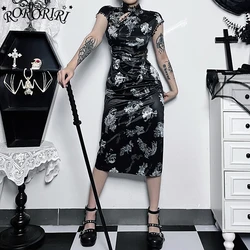 RORORIRI Gothic Spider Web Lace Stitch Women's Cheongsam Black Skull Cut Out Split Long Dress Halloween Anime Cosplay Costumes