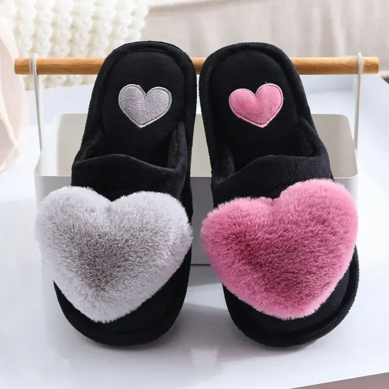 

Heart-shaped Slippers Women Winter Warm Cotton Shoes Flat Footwear Furry Flip Flops Woman Slipper Home Indoor Non-Slip Slippers