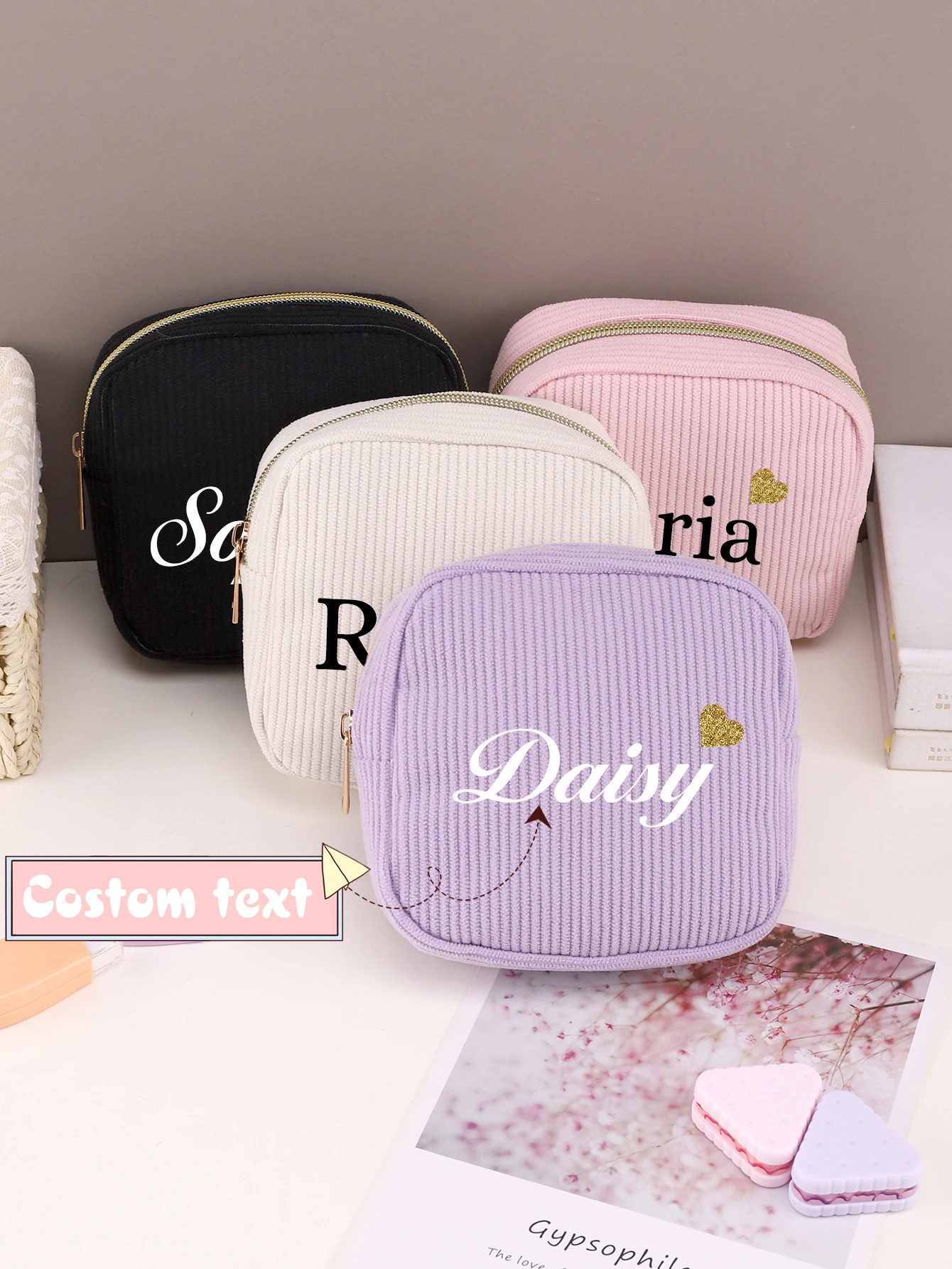 Personalized Heat Transfer Corduroy Square Pencil Case Custom Name Zipper Portable Pen Bag Stationery Organizer Back to School