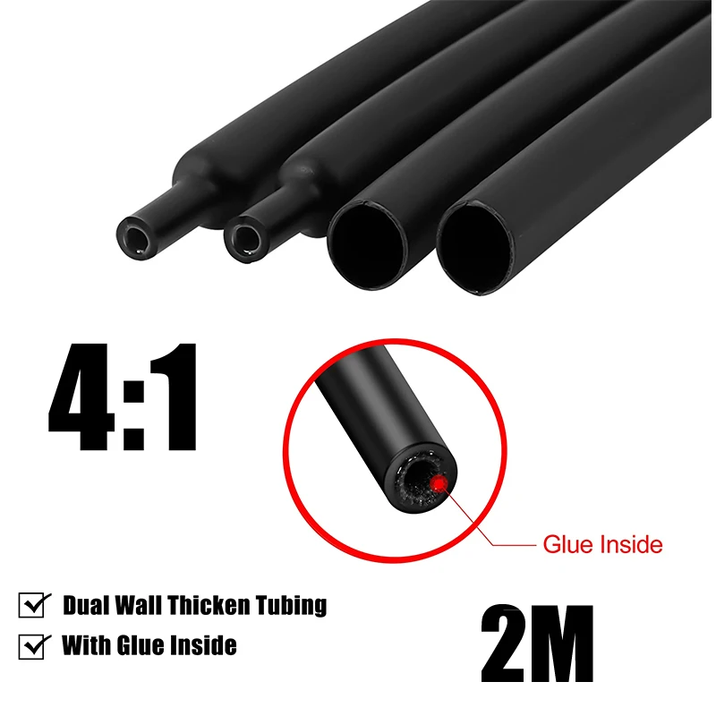 2M 4:1 Heat Shrink Tubing Adhesive Waterproof Glue Insulated Dual Wall Black Heat Shrinkable Tube 4/6/8/12/16 MM