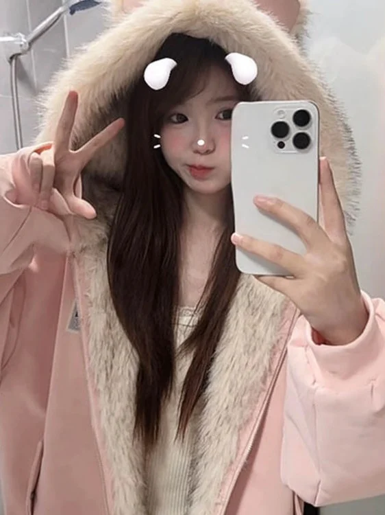 

Розовая утепленная зимняя хлопковая куртка с капюшоном для женщин, свободного кроя, теплая, комфортная, с большим меховым воротником, длинными рукавами, на молнии