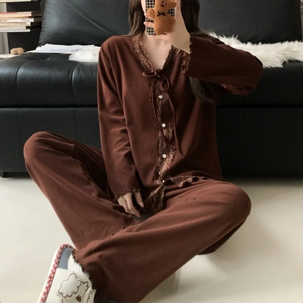 New Pajamas for Women's Suit Pyjamas Spring Autumn Long-sleeved Trousers Loungewear Set V-neck Nightwear Home Clothes Pijamas
