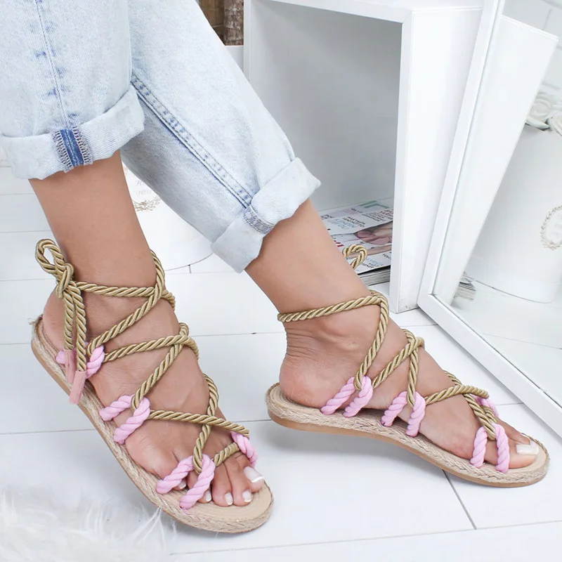 Women Sandals 2020 Fashion Summer Shoes Woman Flat Sandals Hemp Rope Lace Up Gladiator Sandals Non-slip Beach Chaussures Femme