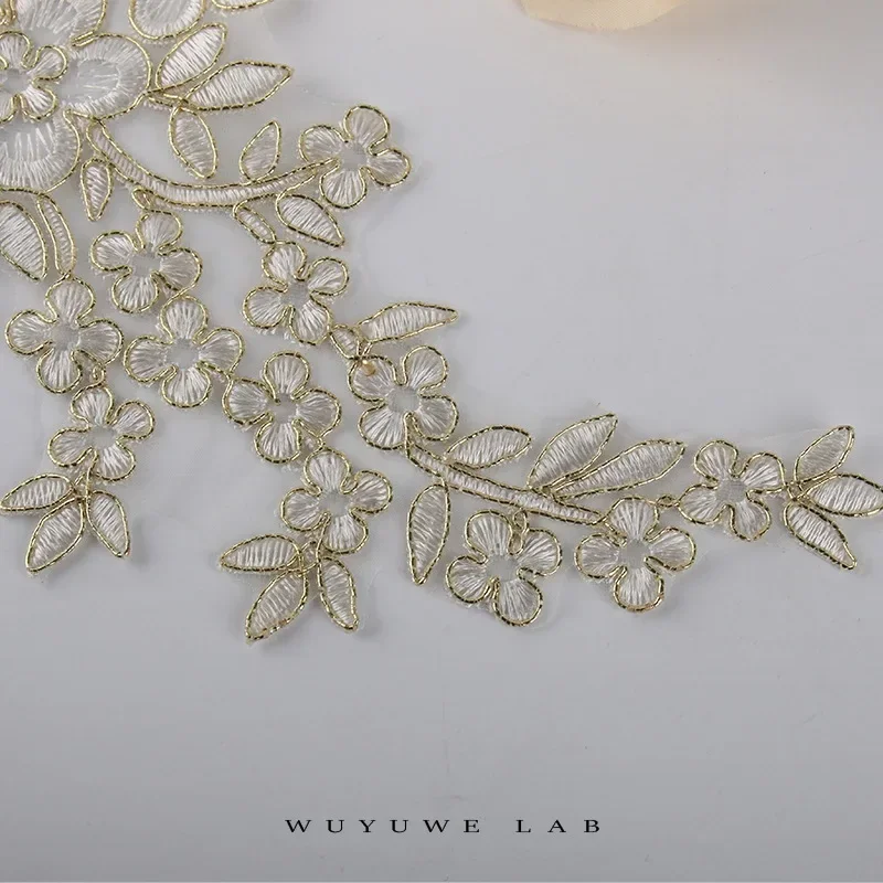 4 unids/lote de apliques de encaje blanco dorado, parche de tela para la ropa de la novia de encaje floral, accesorios de boda, tela para manualidades DIY de ancho 23x12cm