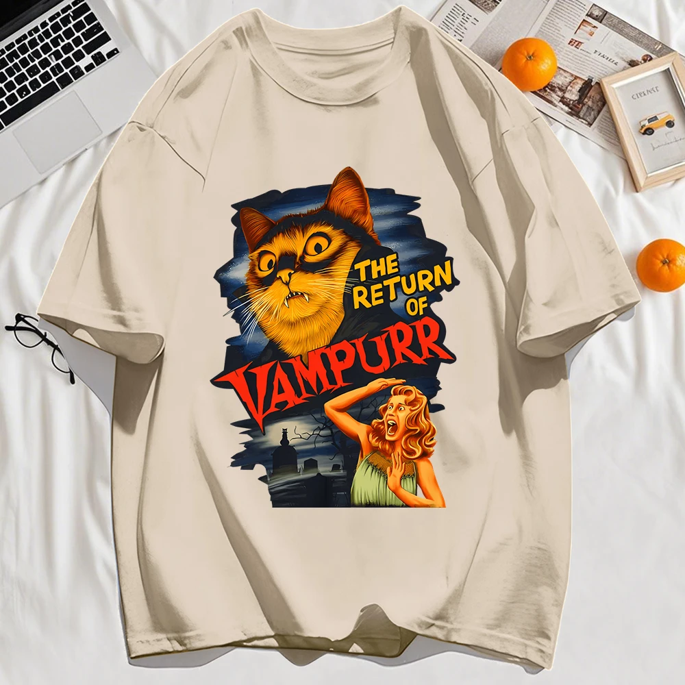 Eine riesige Katze und seine Zähne druckt Herren T-Shirts lose lässige T-Shirt Sommer Kurzarm trendige O-Ausschnitt Baumwolle Hip Hop Streetwear