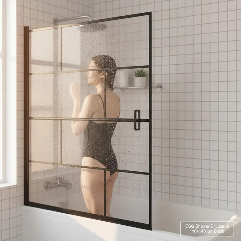 Paroi de douche en verre trempé de sécurité, cadre en aluminium noir, cloison de salle de bain moderne, facile à assembler, design élégant pour la décoration de la maison, dimensions 116x140 cm