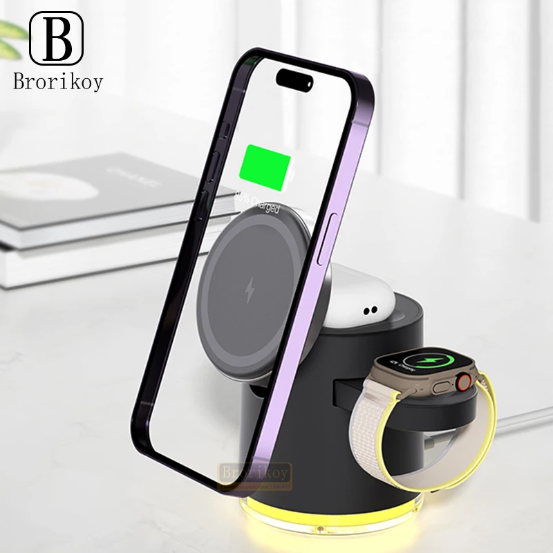 Wireless Charger With Night Light 4in1 Wireless Charger iPhone16 15 14 Samsung S24 S23 Series10 Magnetic Fast Charging Station