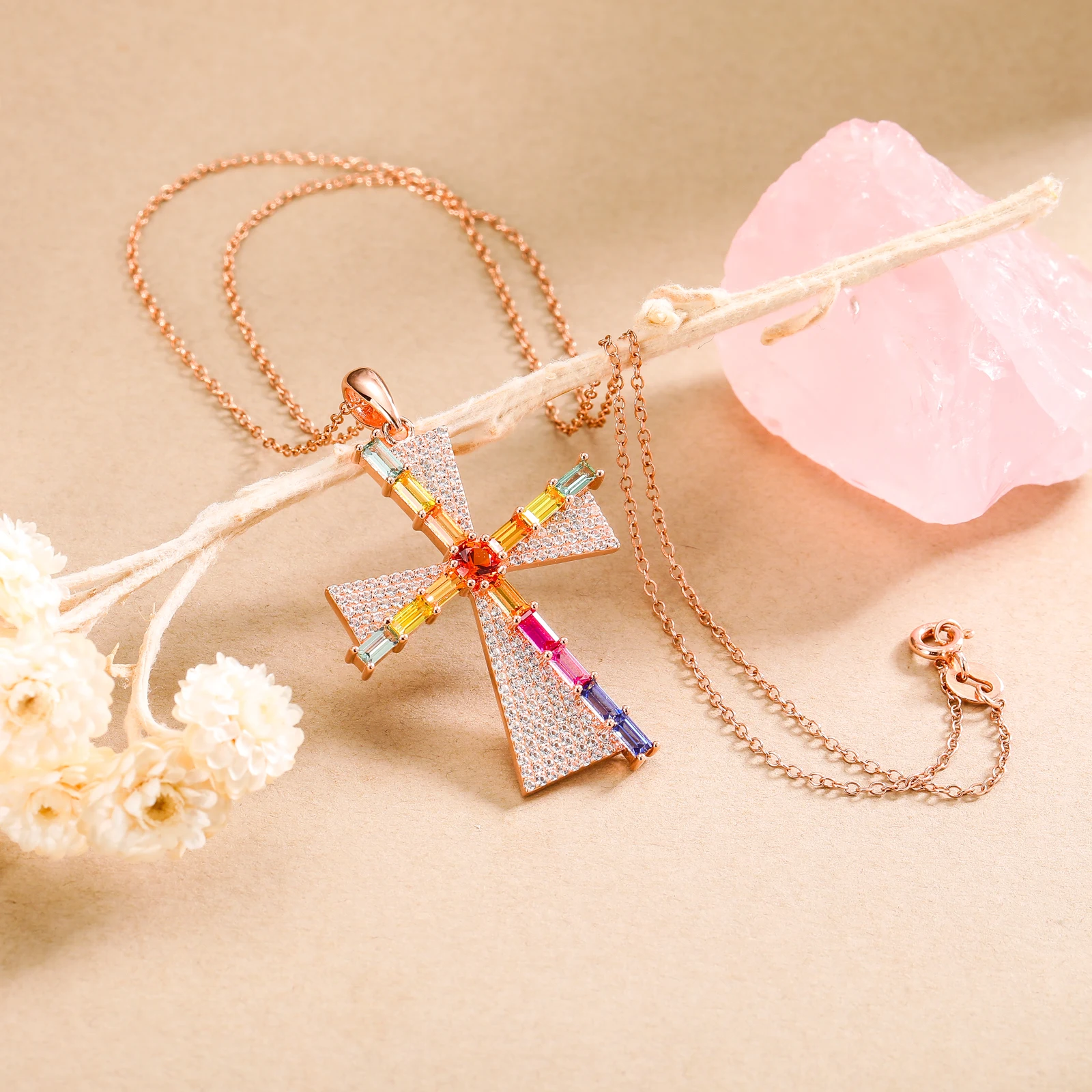 GZ ZONGFA 925 Sterling Silver Double Cross Pendant Necklace for Women 3ct Colorful Gemstone Rose Gold Necklace Fine Jewelry