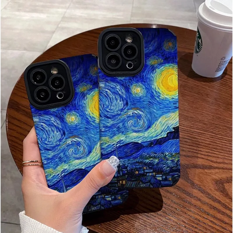 Van Gogh Starry Night Oil Painting Phone Case for iPhone15 11 12Plus XS X XR Cartoon Phone Case 14 13ProMax Drop Protection Case