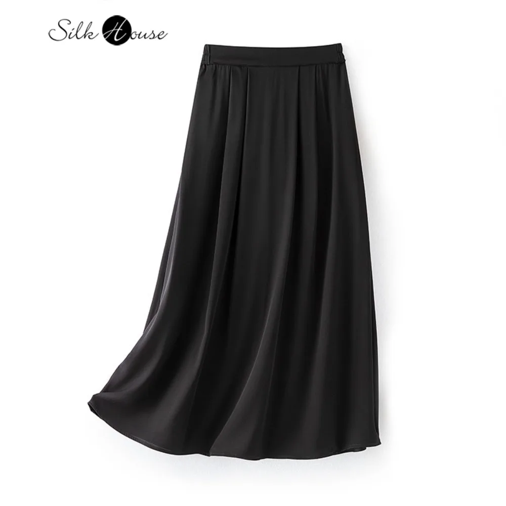 

2025 женская мода, новая высокая талия, 93% натуральный шелк шелковицы, эластичная двойная атласная черная юбка трапециевидной формы с высокой талией Qiao