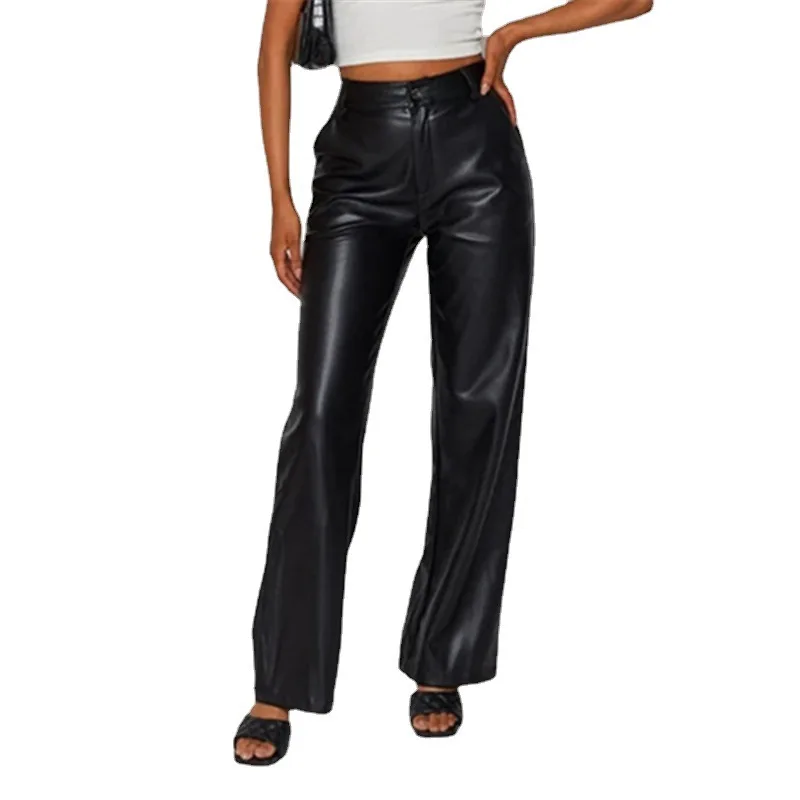 High Waist PU Leather Trousers for Women Faionable Casual Pants Long Length Other Material 00%