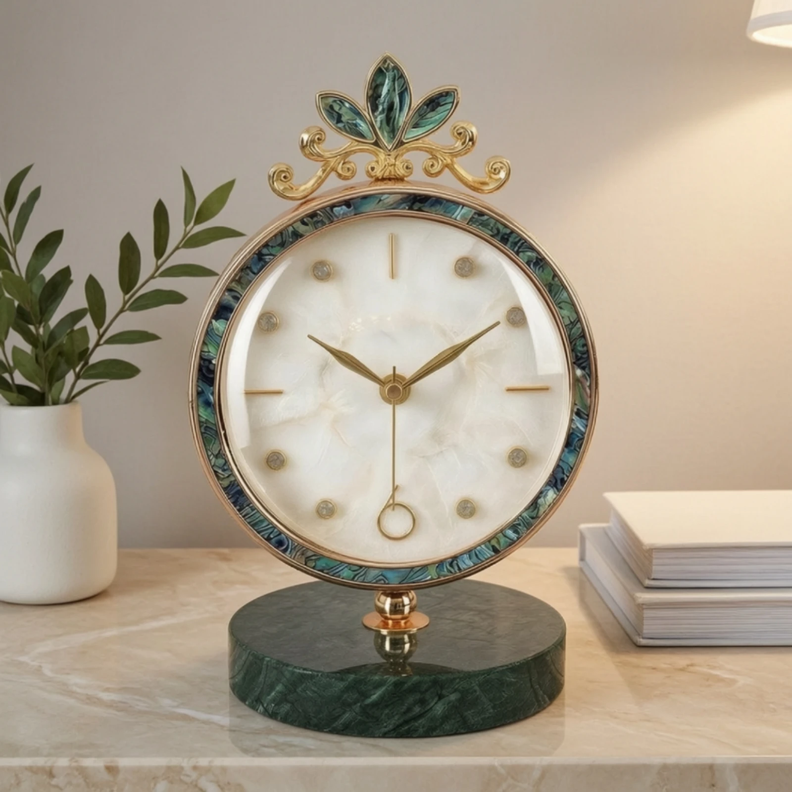 Clock with Marble Base Gold-Tone Decorative Mantel Clock Freestanding Iridescent for Living Room, Office