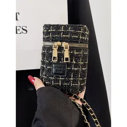 Women Fashion Tweed Mini Bucket Bags Plaid Print Flap Chain Shoulder Bags Female Casual Shopping Messenger Phone Pack