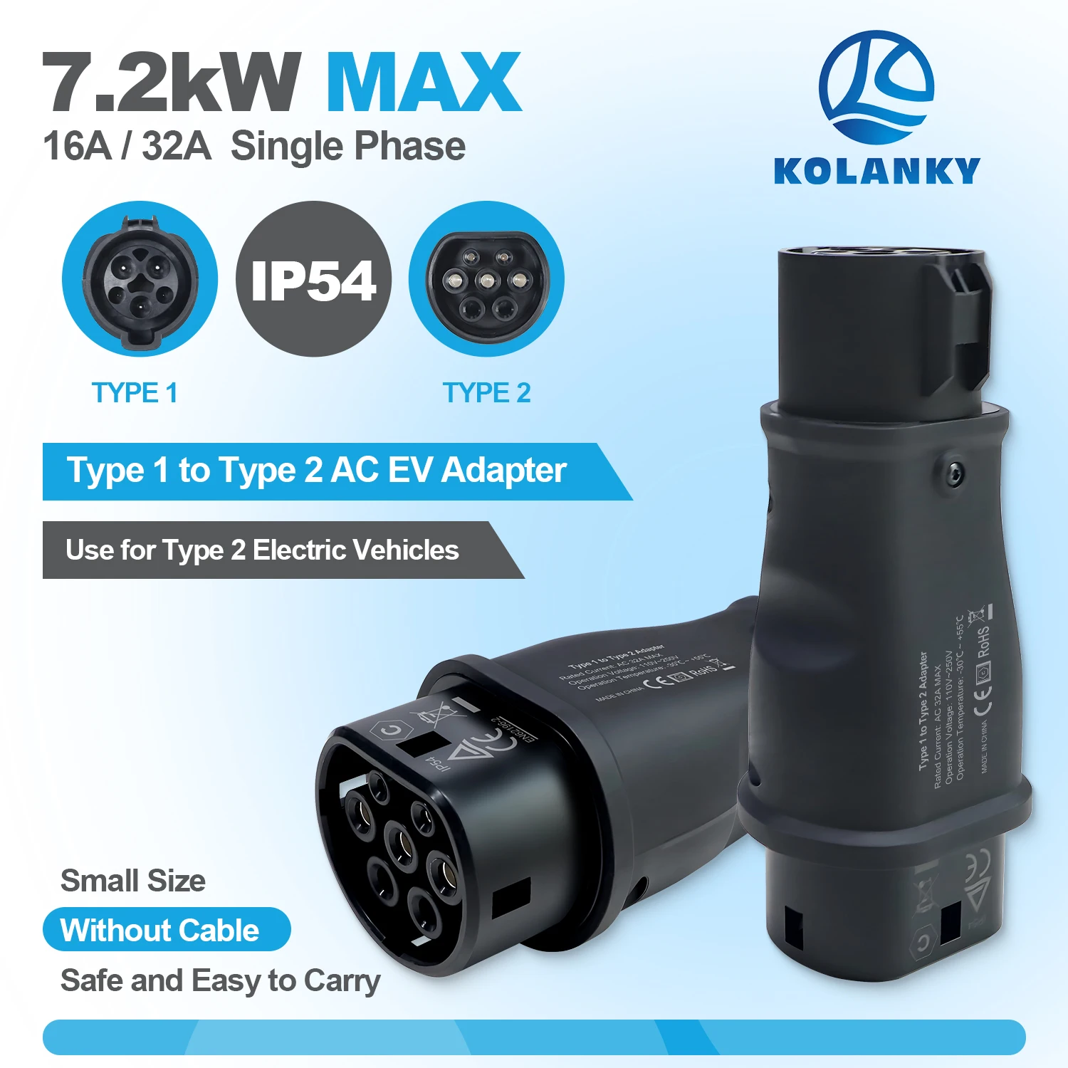 Kolanky EV محول الشحن 32A 7.2KW نوع 1 إلى نوع 2 محول للسيارات الكهربائية الاتحاد الأوروبي نوع 2 المقبس