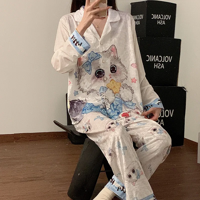Plus Size Soft Golden Velvet Pajamas Women's Sweet Cartoon Cat Long Sleeve Trousers Winter Spring Outer Wear Home Clothes Suit