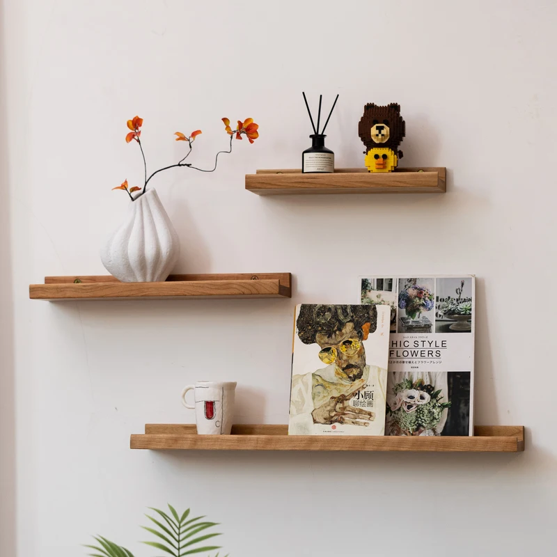

Wooden Wall Shelf, Cherry Wood Single-Shelf Storage Rack, Wall-Mounted TV Shelf, Simple Display Shelf for Living Room