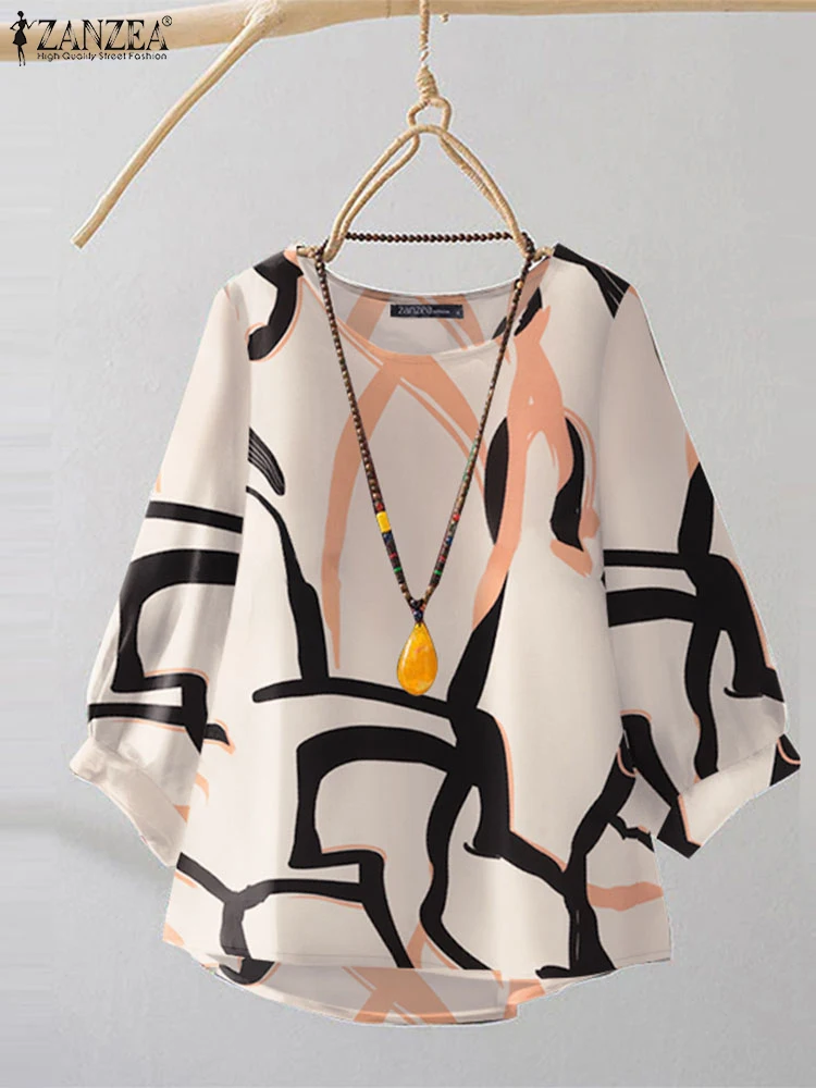 ZANZEA 2025 Camicette da donna estive Top Vintage O-Collo Linea stampata Moda Tuniche con maniche a 3/4 Camicie da donna allentate casual da ufficio