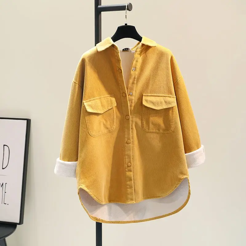 Women's Flannel Shirt Korean Loose Casual Corduroy Blouse Warm Long Sleeve Autumn Spring Tops
