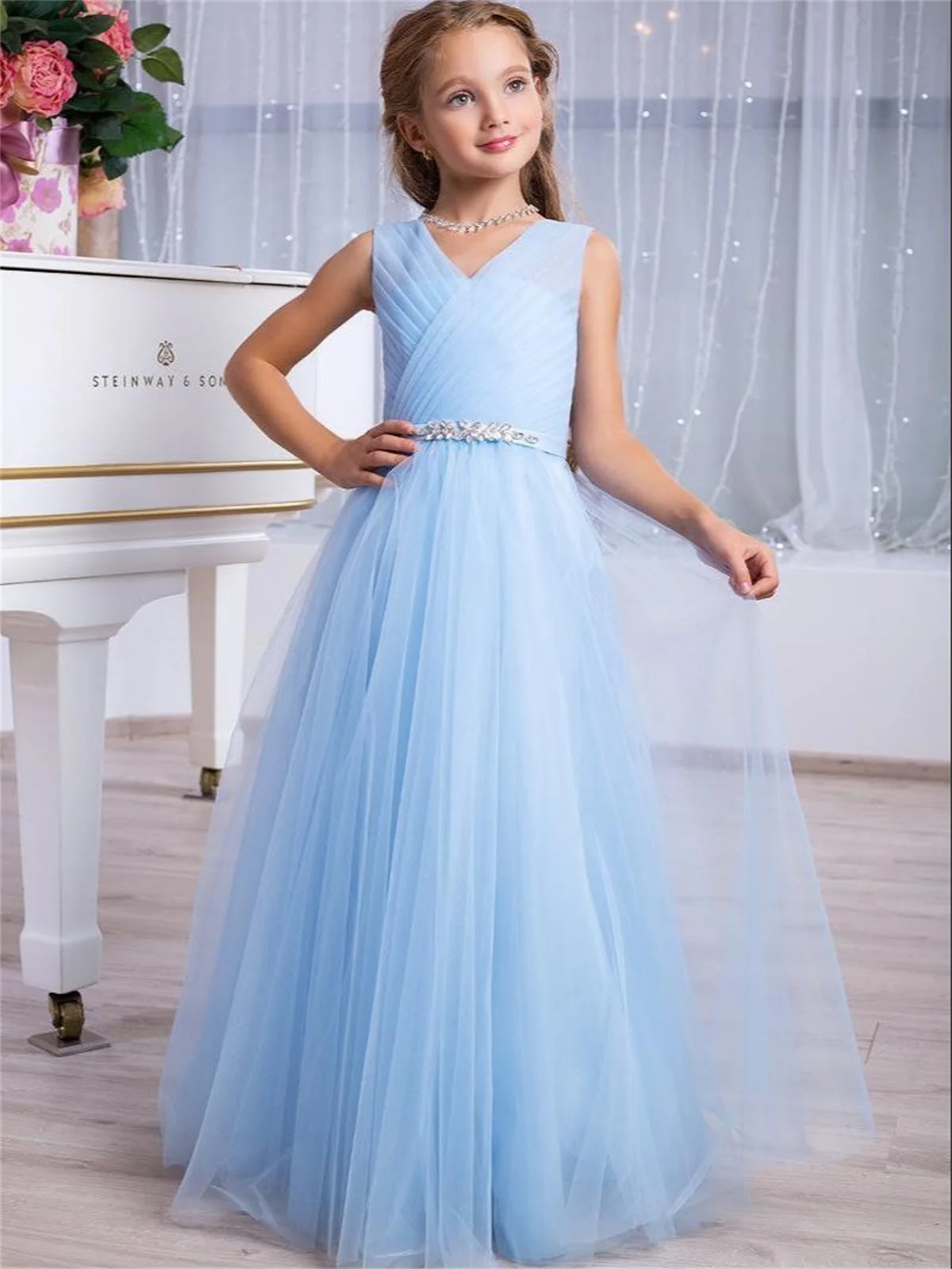 

Light Sky Blue Pink Flower Girl Dress Formal Event Wear Dresses Pleated V Neck Long Kids Birthday Junior Bridesmaid Ball Gowns