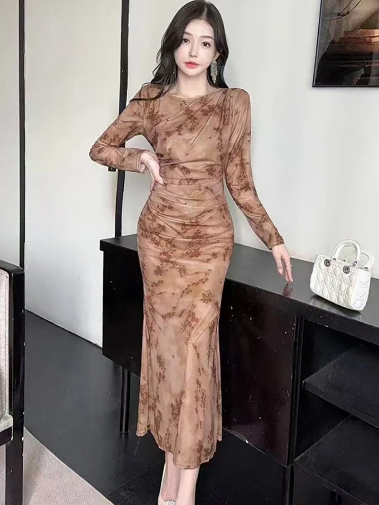 Femmes imprimer maille plissée moulante longue robe automne hiver élégant décontracté maison robe 2025 coréen Vintage à volants luxe robes