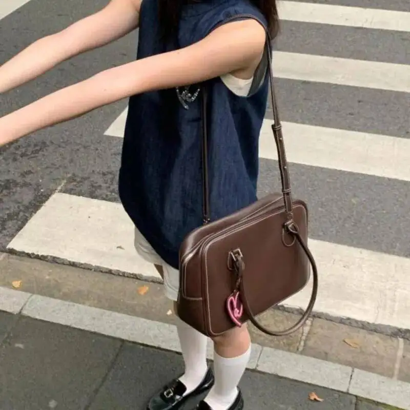 Bloom Vintage Coffee Handbag Wallet Women Retro Jk Uniform Large Capacity Tote Female Haruku Shoulder Bowling Bag 2025