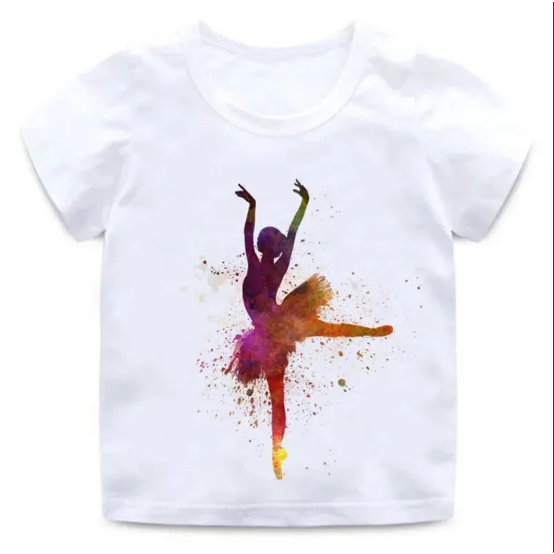 Girls Elegant Ballet Dance Posture Print Children's  T-shirt Ballet Summer Round Neck T-shirt Tops