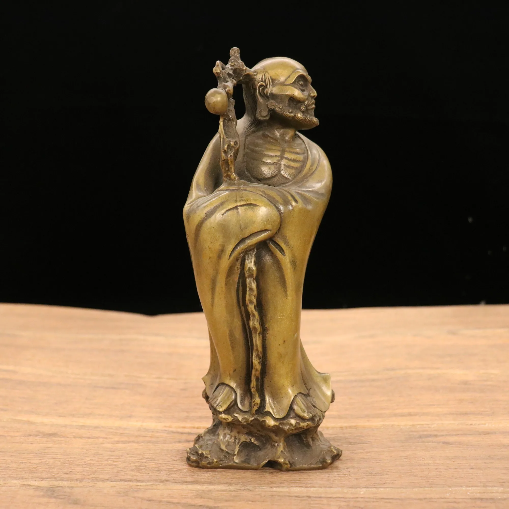 

9"Tibetan Temple Collection Old Brass Master Dharma Bodhidharma Standing Buddha Take the Zen staff Worship Hall Town house