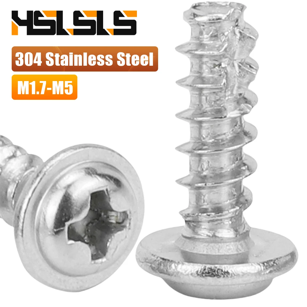 304 Stainless Steel Cross Pan Washer Head Cutting Tail Tapping Screw M1.7 M2 M2.3 M2.6 M3 M4 Phillips Pan Head Screw with Washer