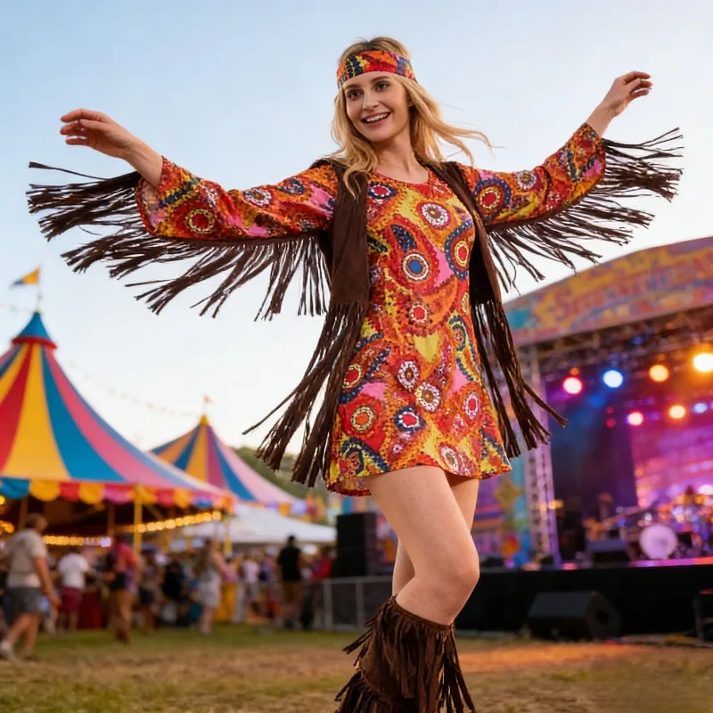 

Hippie Chic Party Outfit Women's Groovy Festival Costume 70s Style Stage Performance Clothing for Raves