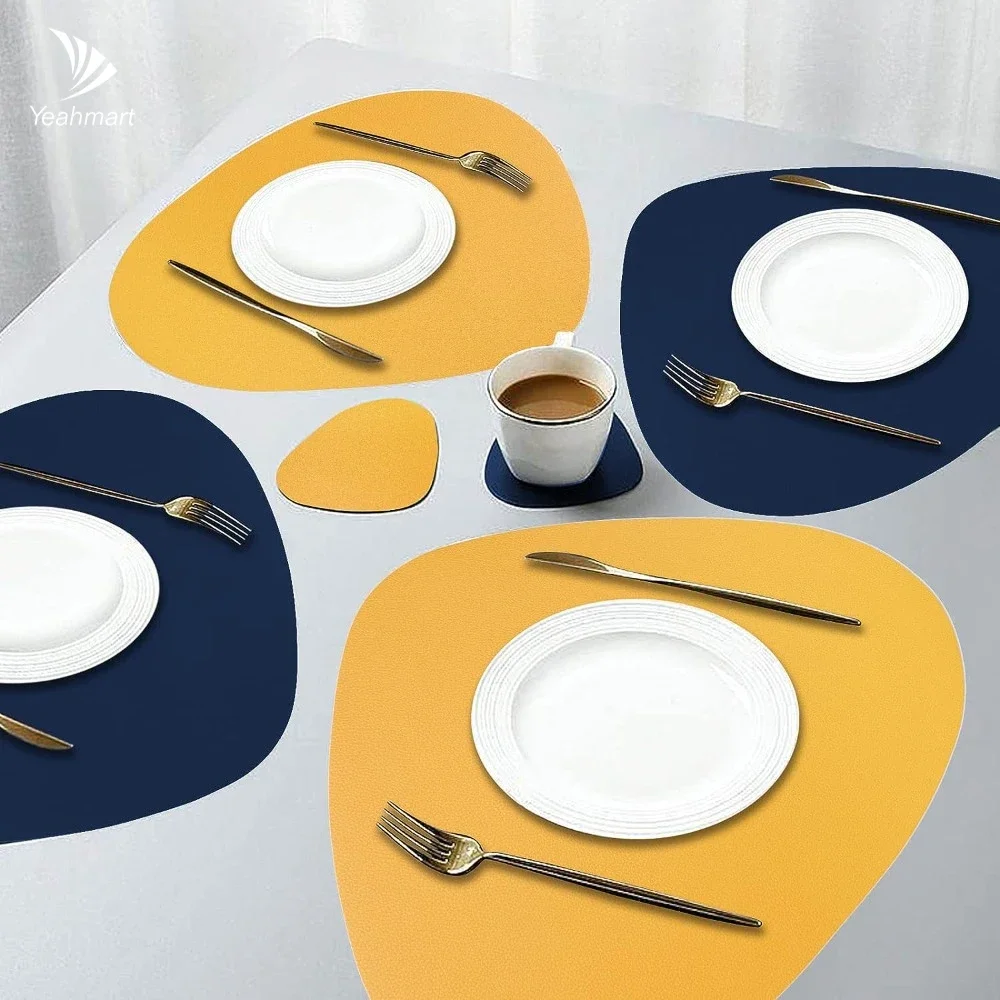 

Irregular Shape PU Leather Placemats Set Oil-Proof Waterproof Dual-Sided Place Mats for Kitchen Bistro Tables Bars Coffee Shops
