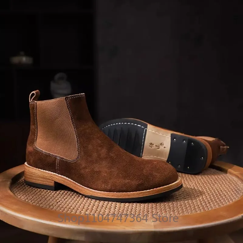 Handmade Genuine Leather Washed Horse Leather Chelsea Boots Men's Shoes Casual Round Toe Formal Motorcycle Boots Male