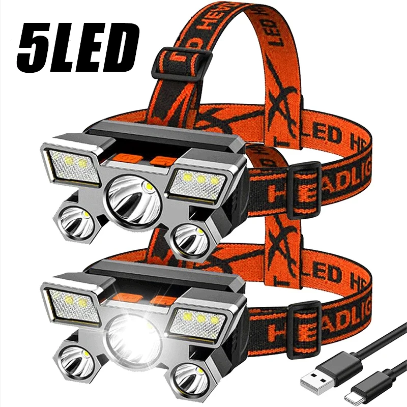 5 LED Headlamp Strong Light Headlight Built in 18650 Battery USB Rechargeable Outdoor Camping Fishing Adventure Head Flashlight