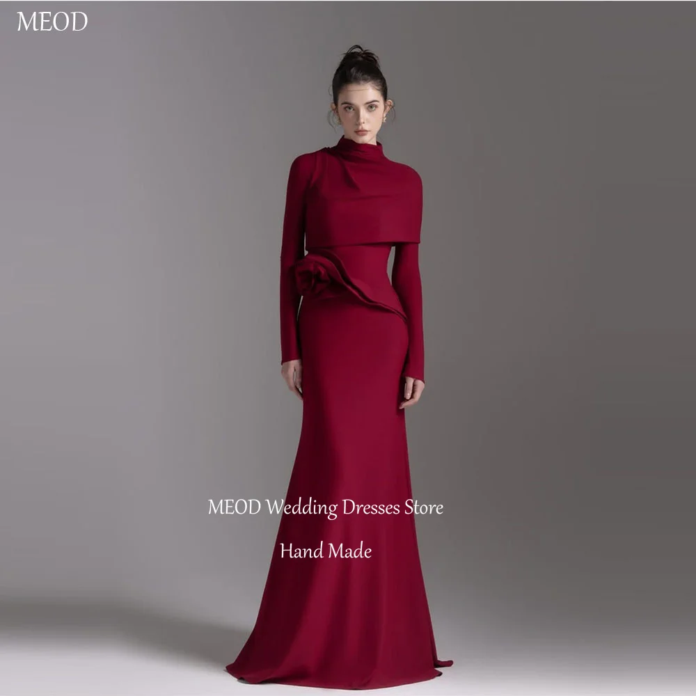 MEOD Burgunderrote, schlichte Abendkleider aus Satin, Meerjungfrau-Stil, hoher Ausschnitt, lange Ärmel, Blumen-Abschlussballkleider, bodenlange Partykleidung, individuell gestaltet