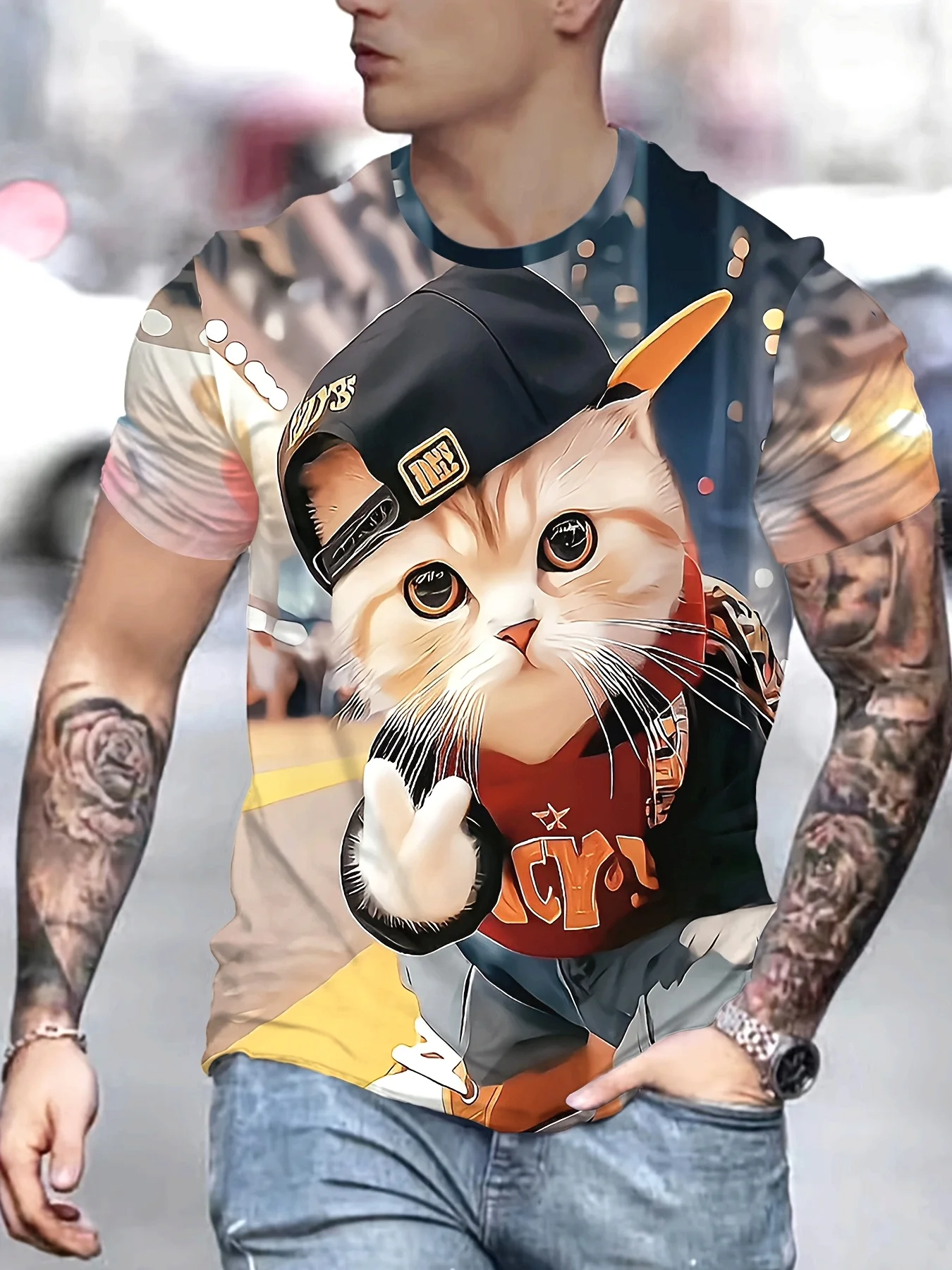 

Мужская повседневная футболка с 3D-принтом и милым котом — рисунок «LUCKY», короткий рукав, круглый вырез, легкий и эластичный