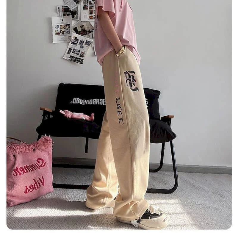 السراويل الرمادية Harajuku Sweatpants الكورية نمط الشارع الشهير شارع العليا السراويل الرياضية النساء فضفاضة خمر مرونة الخصر السراويل الفضفاضة