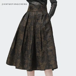 Vintage Brown Jacquard Pleated Skirt Women High Waist A-Line Big Swing Mid-length Embroidered Skirts With Pockets Elegant Flowy