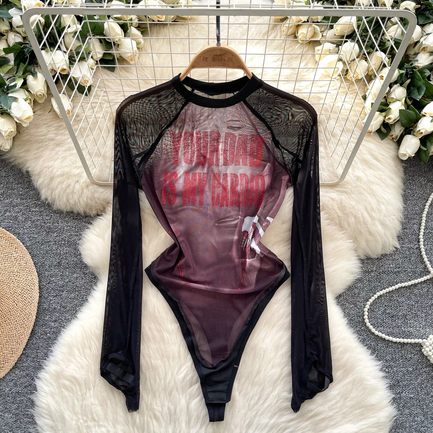 Hotsweet O-neck Letter Print See Through Mesh Spliced Elegant Long Sleeves Vintage T-Shirts Bodysuits High Street Sexy Jumpsuits