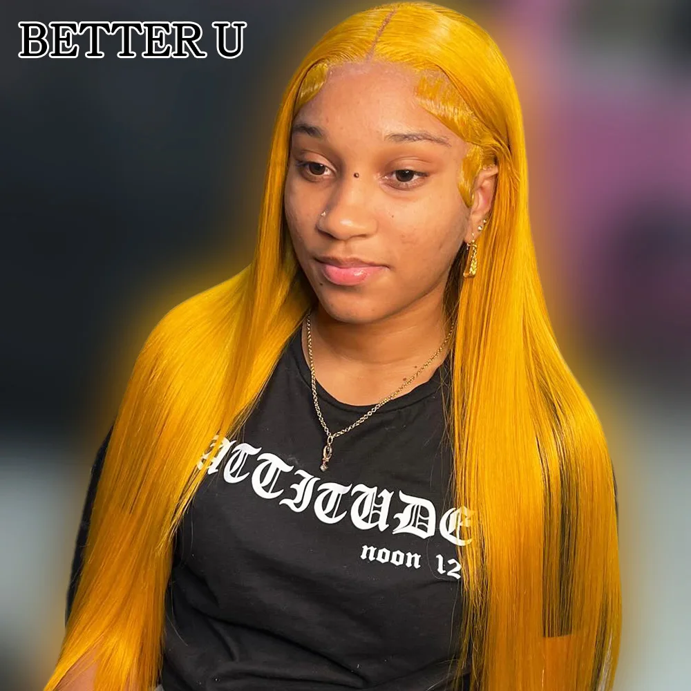 100% خصلات الشعر المستعار الإنسان مستقيم أصفر داكن الدانتيل الباروكات الأمامية قبل قطعها الملونة شقراء 4x4 الدانتيل إغلاق شعر مستعار للنساء 36 38 بوصة #4