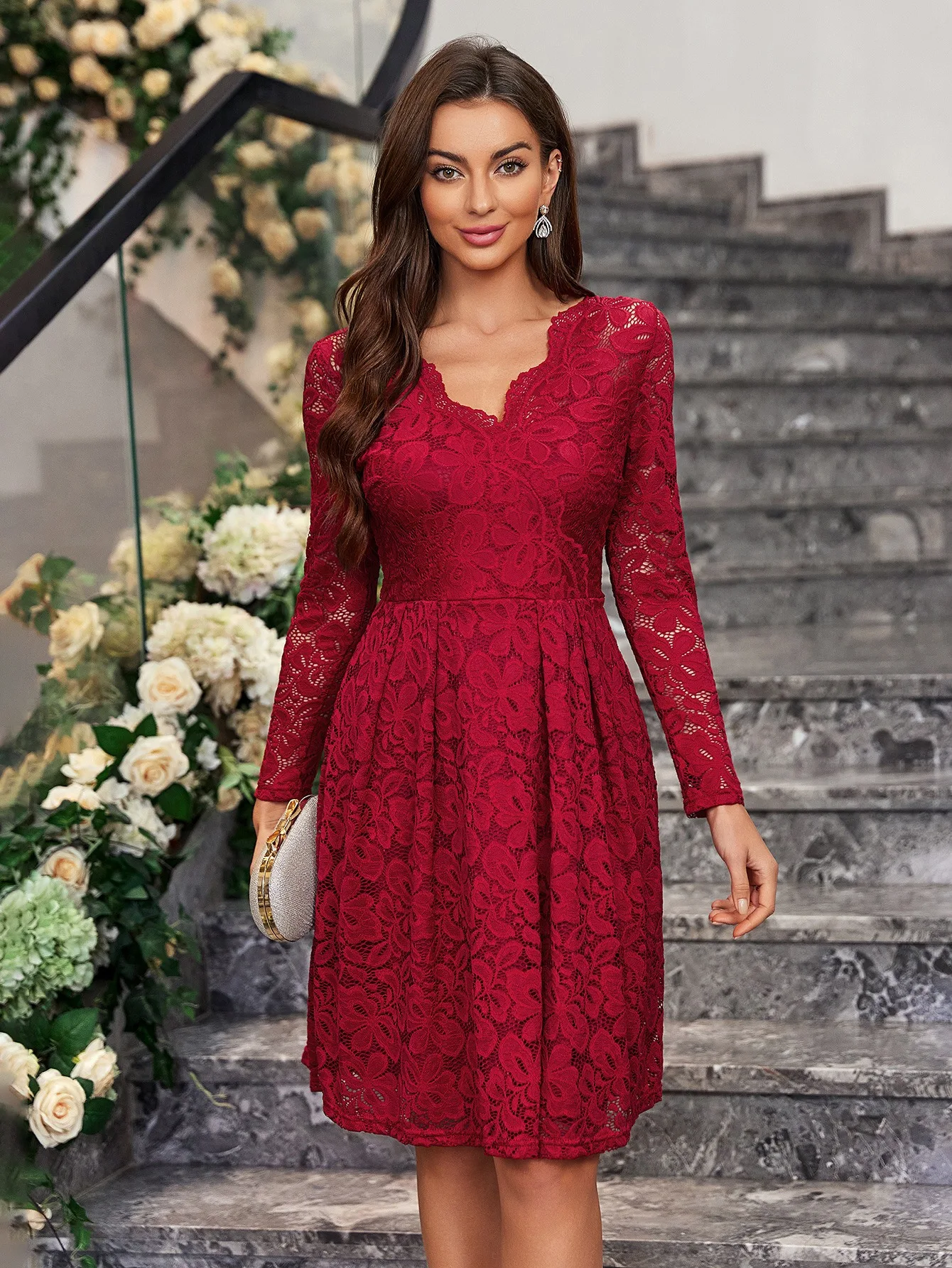 

Woman Dresses Long Sleeve Slash Neck Wedding Party Wear Casual A-line Sexy Red White Lace Cocktail Dress