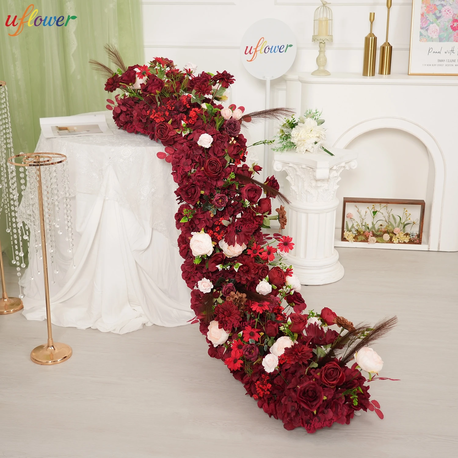 Uflower Red Rose Artificial Flower Wedding Backdrop Decor Floor Flower Event Table Centerpieces Floral Arrangement Party Decor