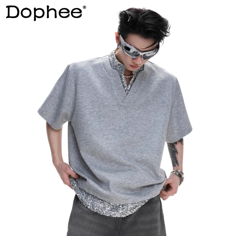 

Men's 2025 Summer New Tees Light Luxury Sequin Splicing Design Chic Tops Short Sleeve Solid Color Loose Cotton Comfort T-shirts