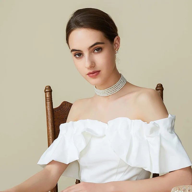 Mode Multilayer Elegante Weiße Perle Kragen Choker Halskette Für Frauen Perlen Handgemachte Hochzeit Banguet Halskette Vintage-Schmuck – Detail 2
