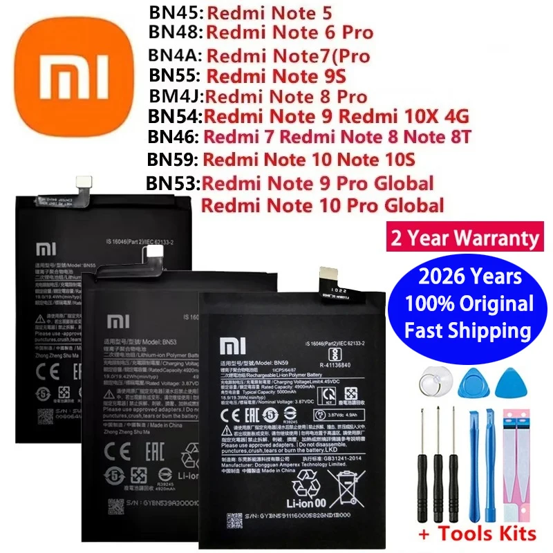 2026 Years 100% Original Battery For Xiaomi Redmi Note 5 6 7 8 8T 9 9S 10 10S 10X Pro Batteries BN53 BN59 Fast Shipping