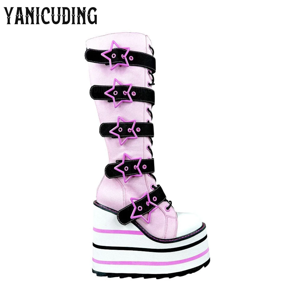 Silver Star Buckles Platform Knee Boots Black Canvas Wedge Boots Colorful Striped Heel Adjustable Straps Cosplay Boots for Women view 4