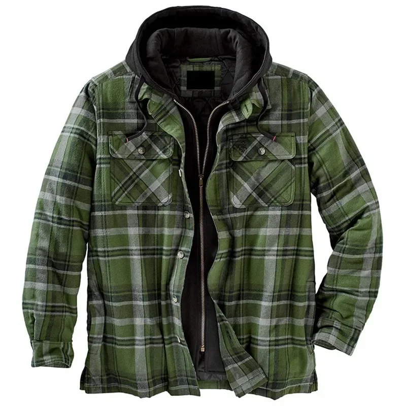 Mens Flannel Hoodie Jacket Fleece Lined Flannel Shirt Plaid Zip Up Hooded Sweatshirt Warm Winter Jackets Harajuku Plaid Coat