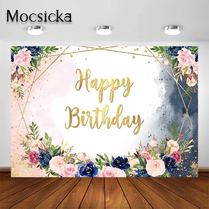 

Mocsicka украшения для вечеринки в честь Дня Рождения розовый темно-синий акварельный цветочный фон для фотосъемки торт стол баннеры