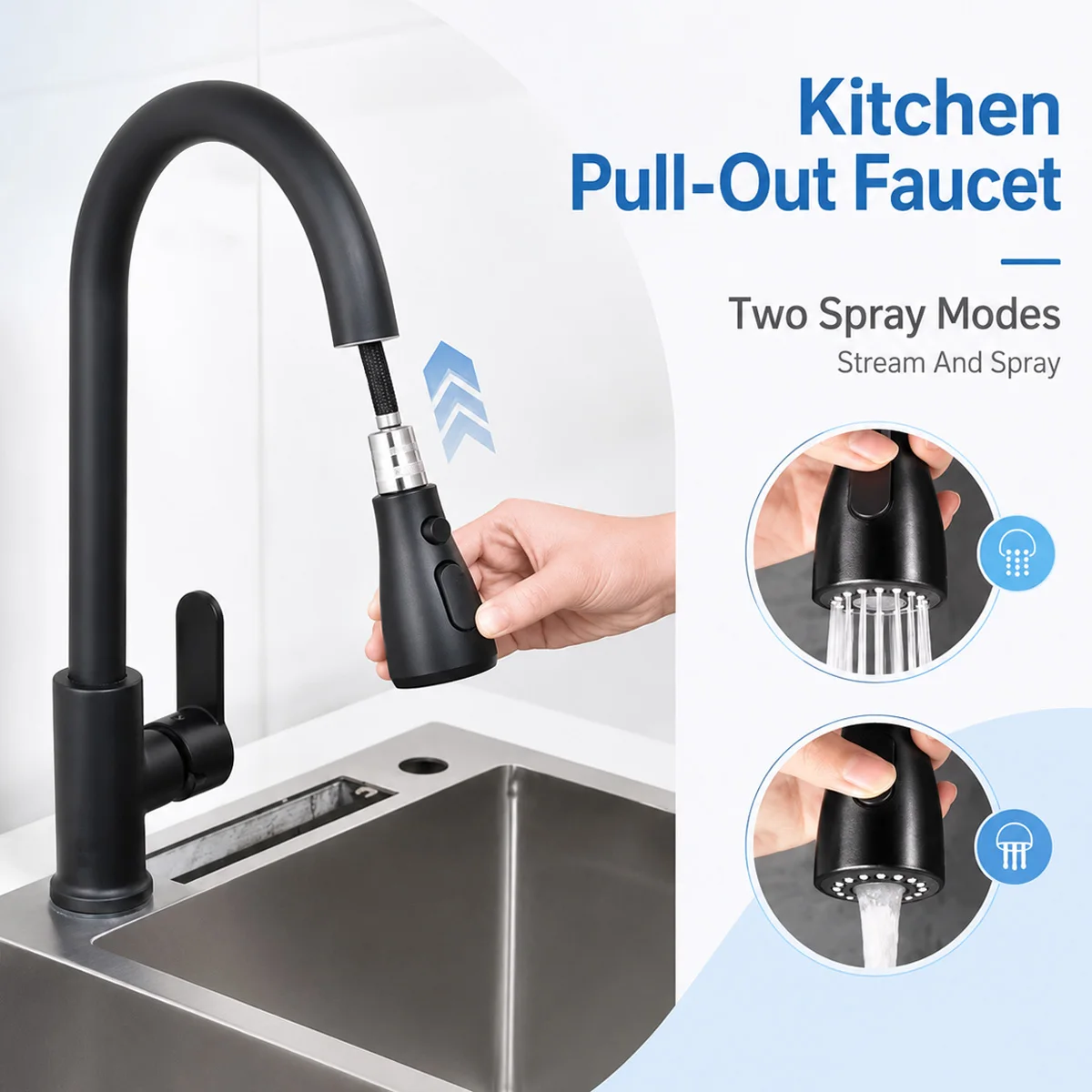 1Set Kitchen Sink Faucet Pull Out Spray Faucet Single Handle Kitchen Tap Premium Stainless Steel Water Saving Design For HomeUse